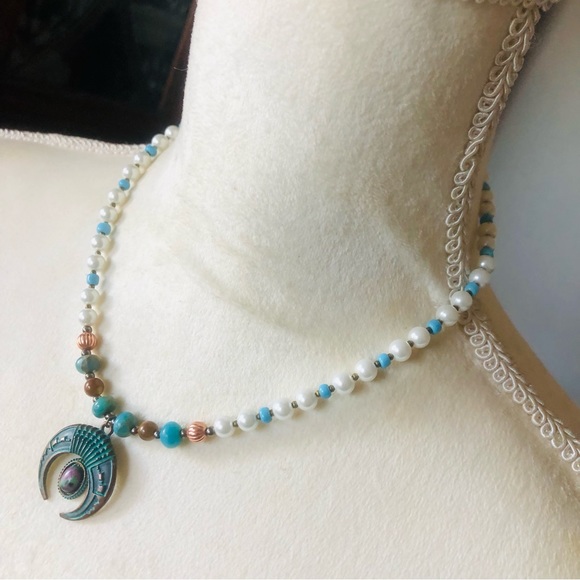 Handcrafted repurpose ancient look genuine stone Czech glass Pearl necklace - Picture 4 of 11
